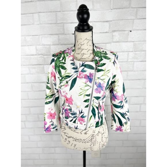 Guess Floral Print Moto Leather Zip Up Jacket Size Small - Picture 14 of 15